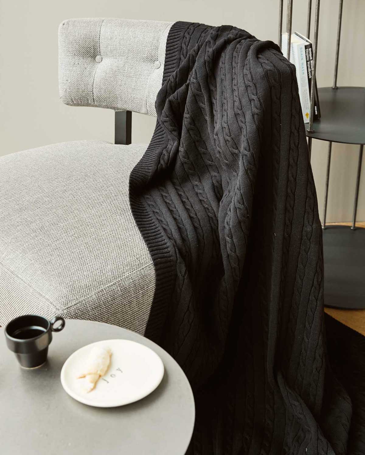 Braid Cable Knitted 100% Cotton Blanket - Black - Image 5