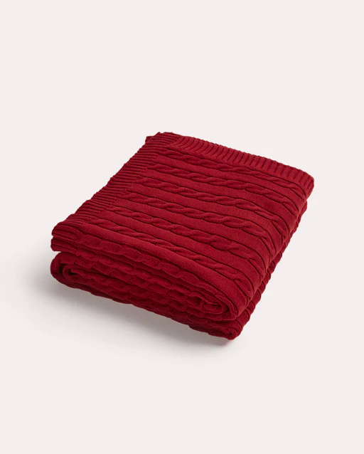 Braid Cable Knitted 100% Cotton Blanket - Burgundy - Image 6