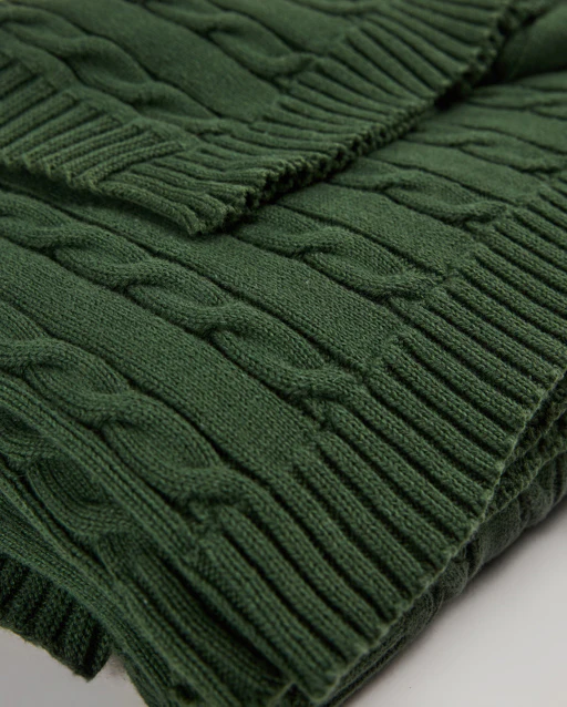 Braid Cable Knitted 100% Cotton Blanket - Dark Green - Image 4