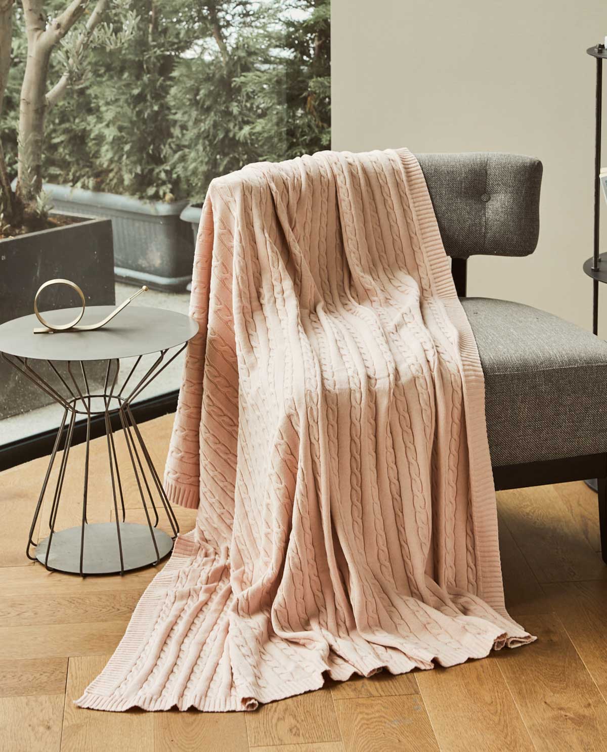 Braid Cable Knitted 100% Cotton Blanket - Pink - Image 5