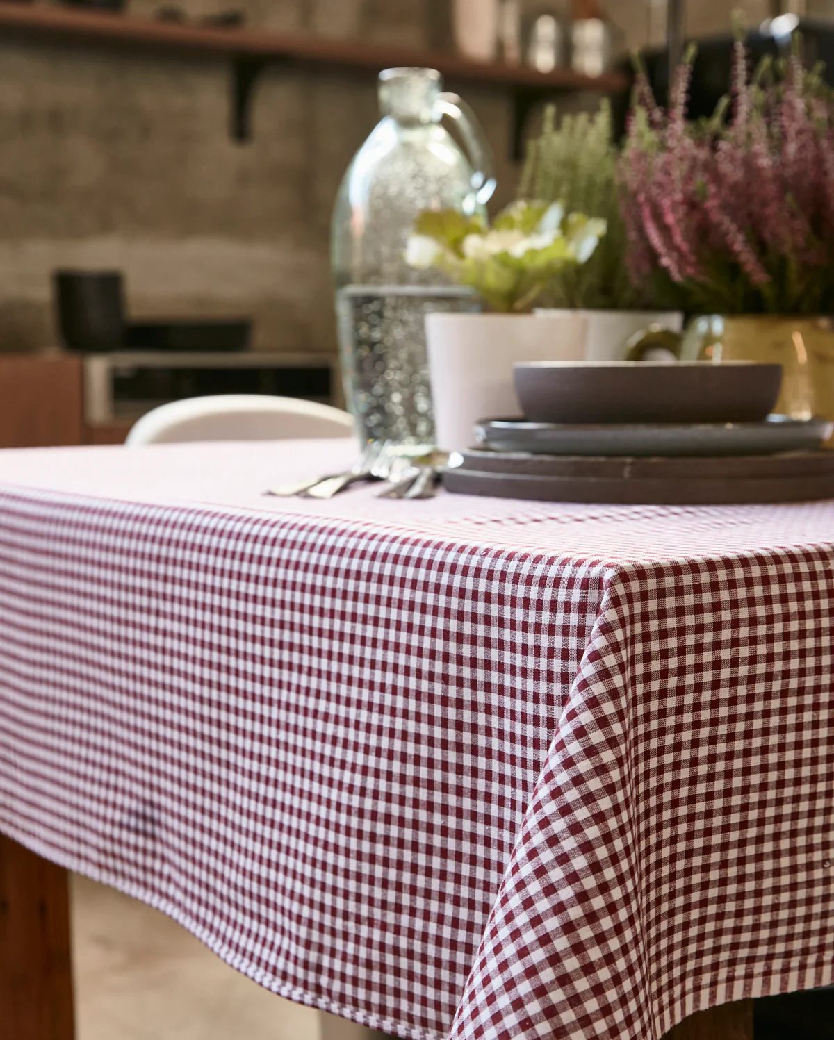 Checked Cotton Table Cloth - Burgundy - Image 2