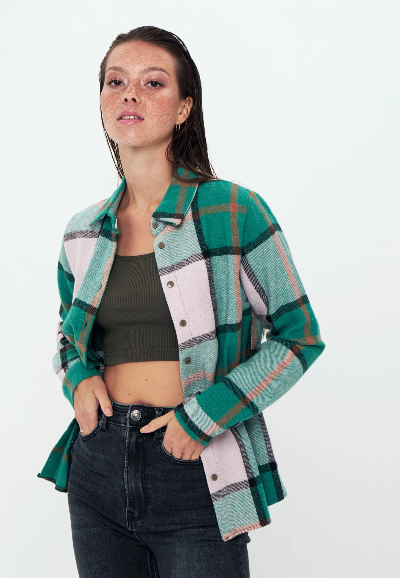 Cotton - Long Sleeve Shirt - Green beige check - Image 3
