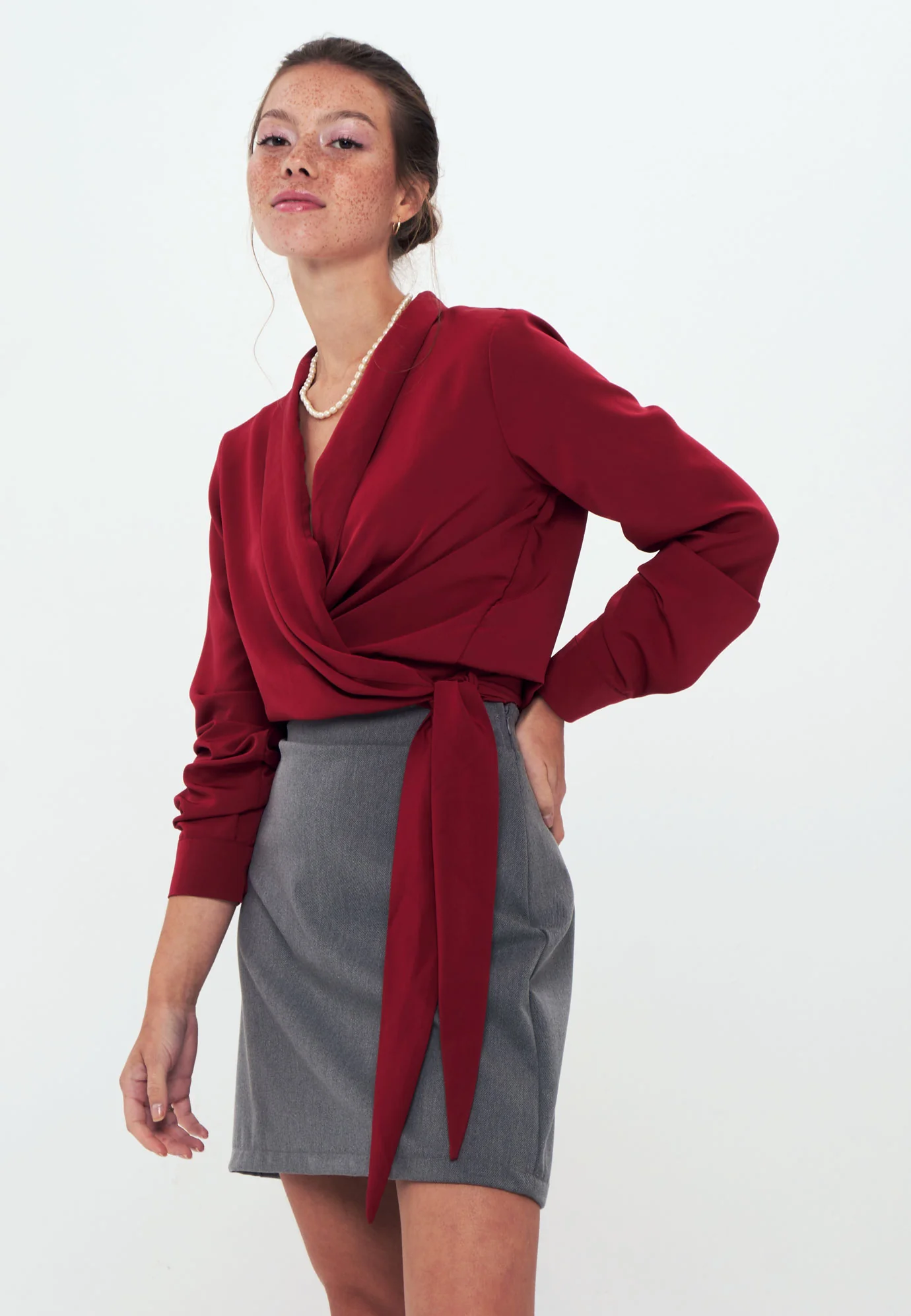 CREPE - Wrap Shirt Blouse - Burgundy - Image 3