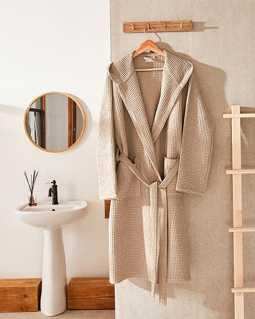 Hooded Washed Waffle Cotton Bathrobe - Beige