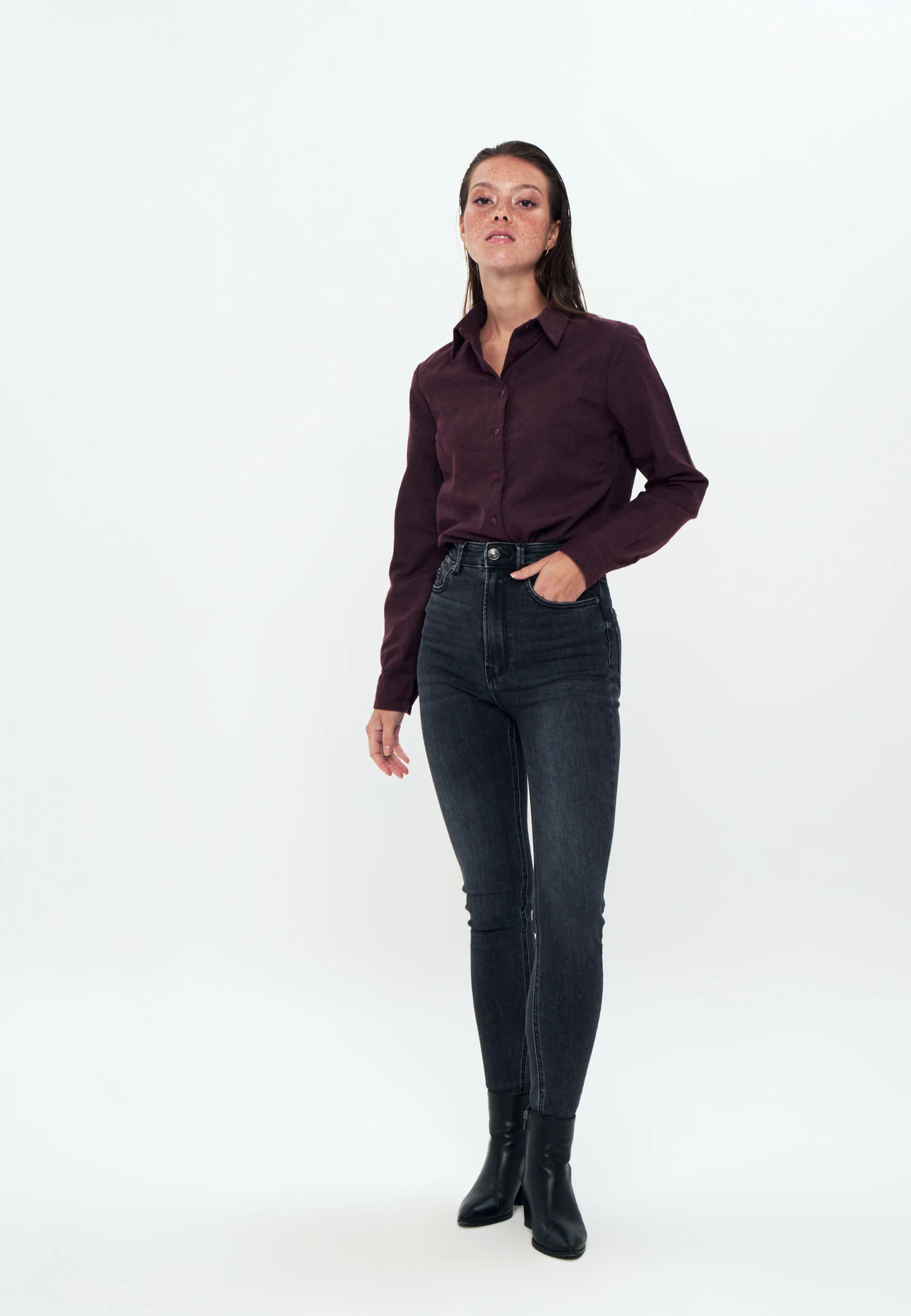 Linen - Long Sleeve Shirt - Maroon - Image 2