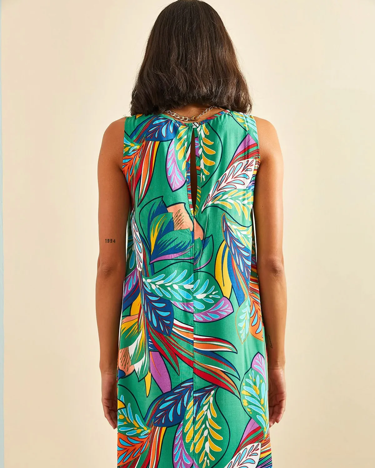 Multi-patterned V-neck Dress - Green - Image 4