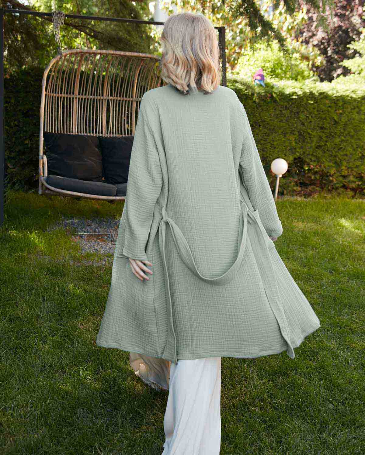Muslin Cotton Bathrobe - Sage Green - Image 8