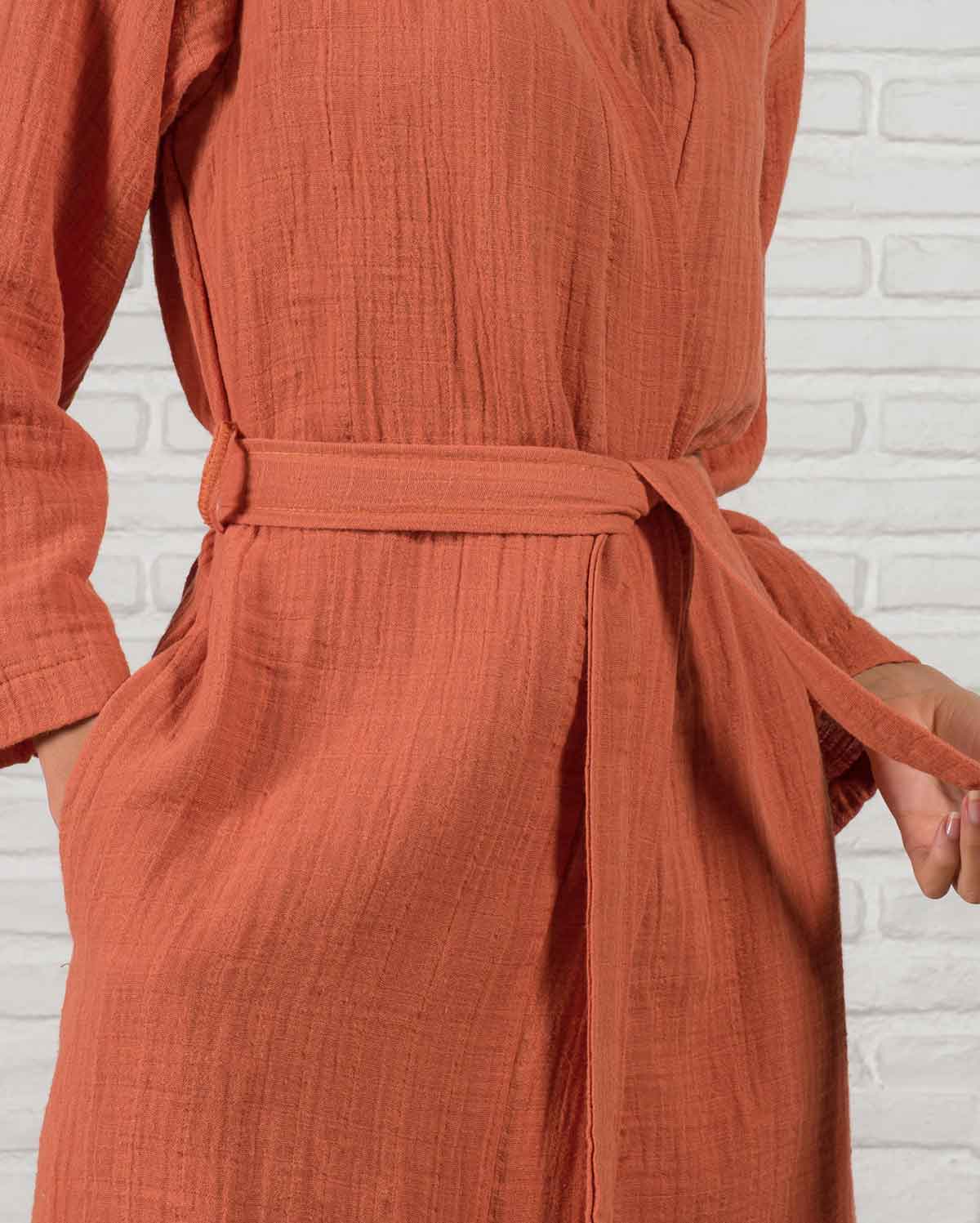 Muslin Cotton Bathrobe - Terracotta - Image 3