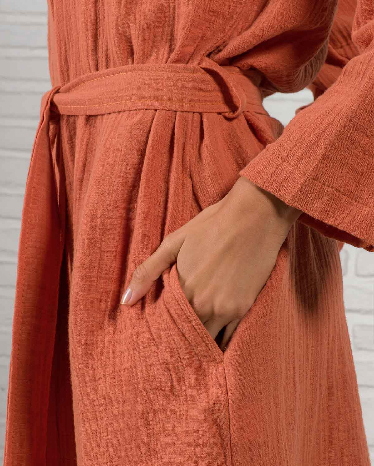 Muslin Cotton Bathrobe - Terracotta - Image 4