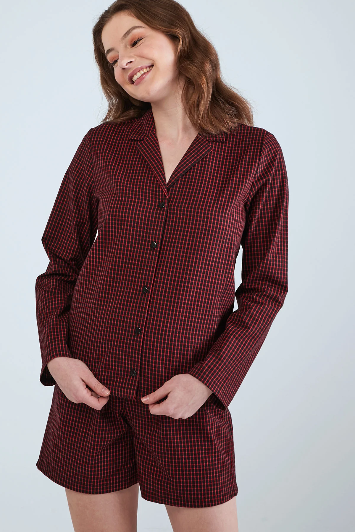 Partterned Shirt Long Sleeve Pyjama Set - Maroon - Image 4