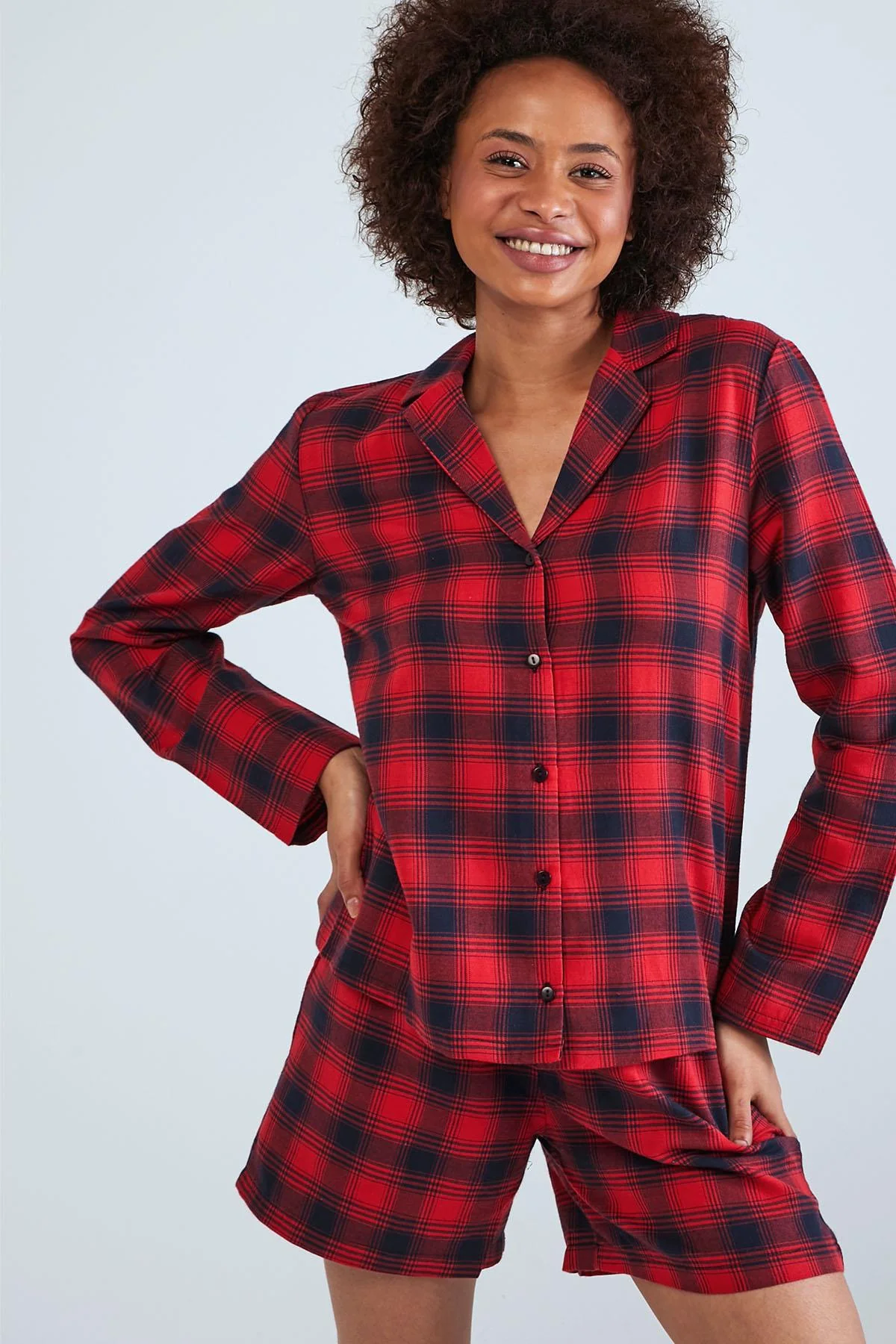 Patterned Shirt Long Sleeve Pyjama Set - Red check - Image 2