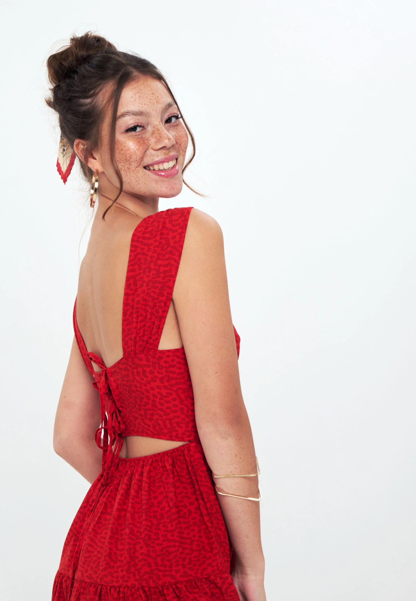 Printed Tie Back Long Dress - Day dress - red spot - Image 2