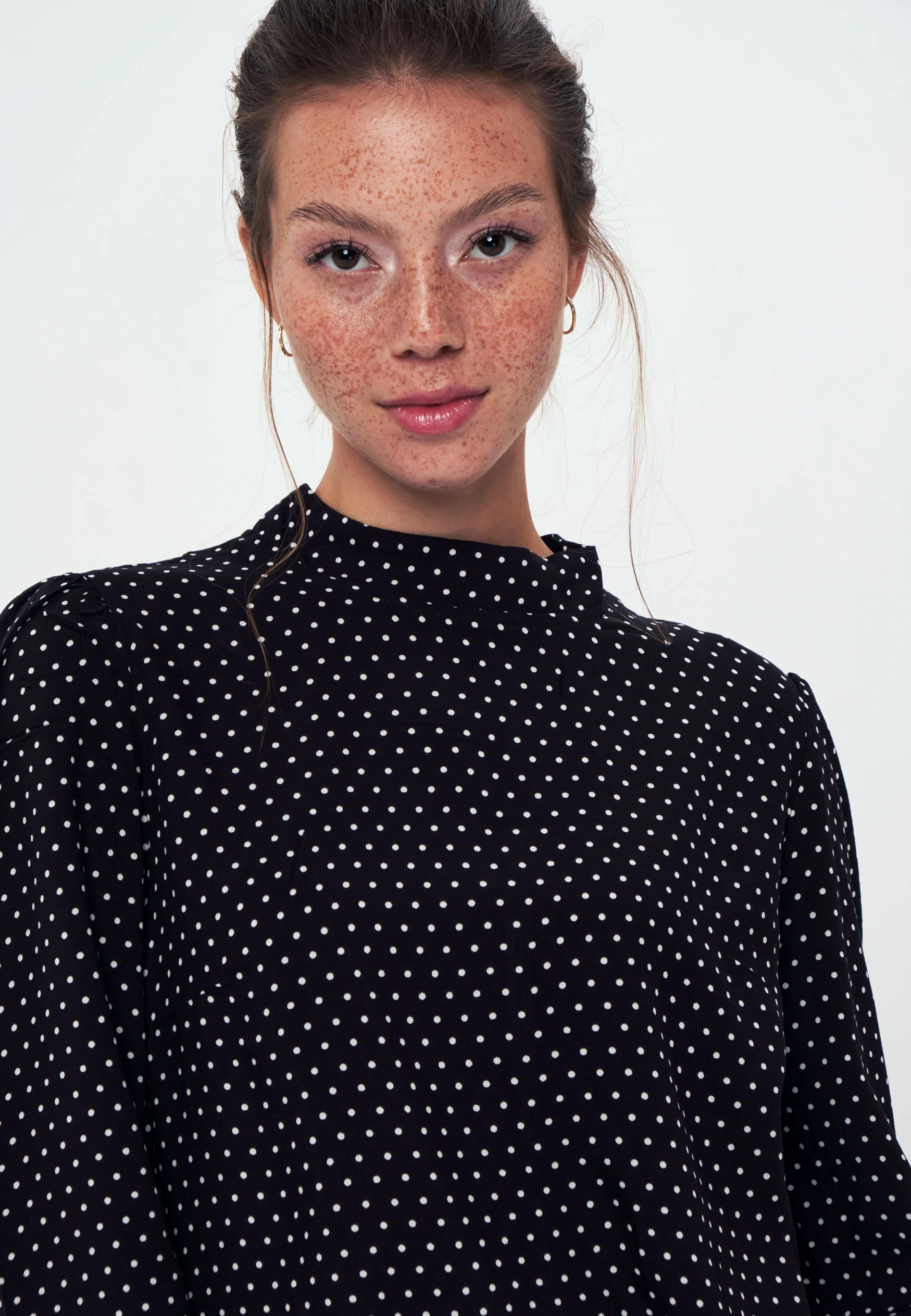 Standing Collar Long Sleeve Shirt Blouse - Black white spot - Image 3