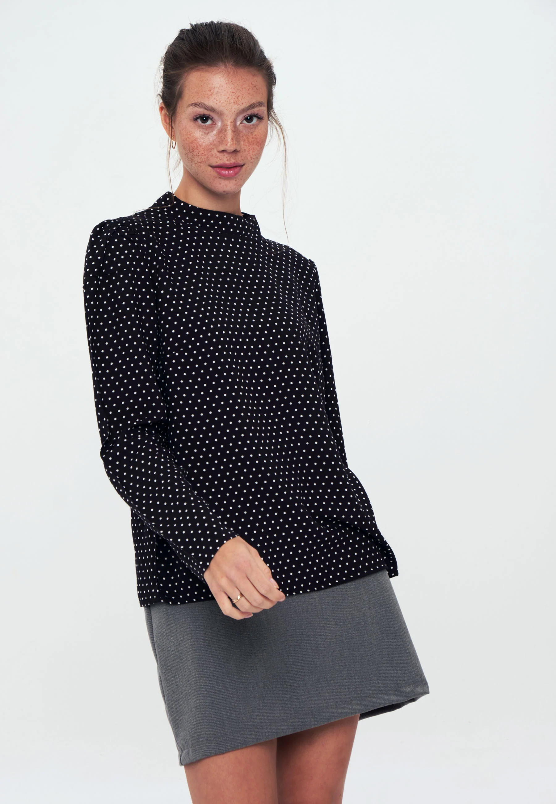 Standing Collar Long Sleeve Shirt Blouse - Black white spot - Image 4