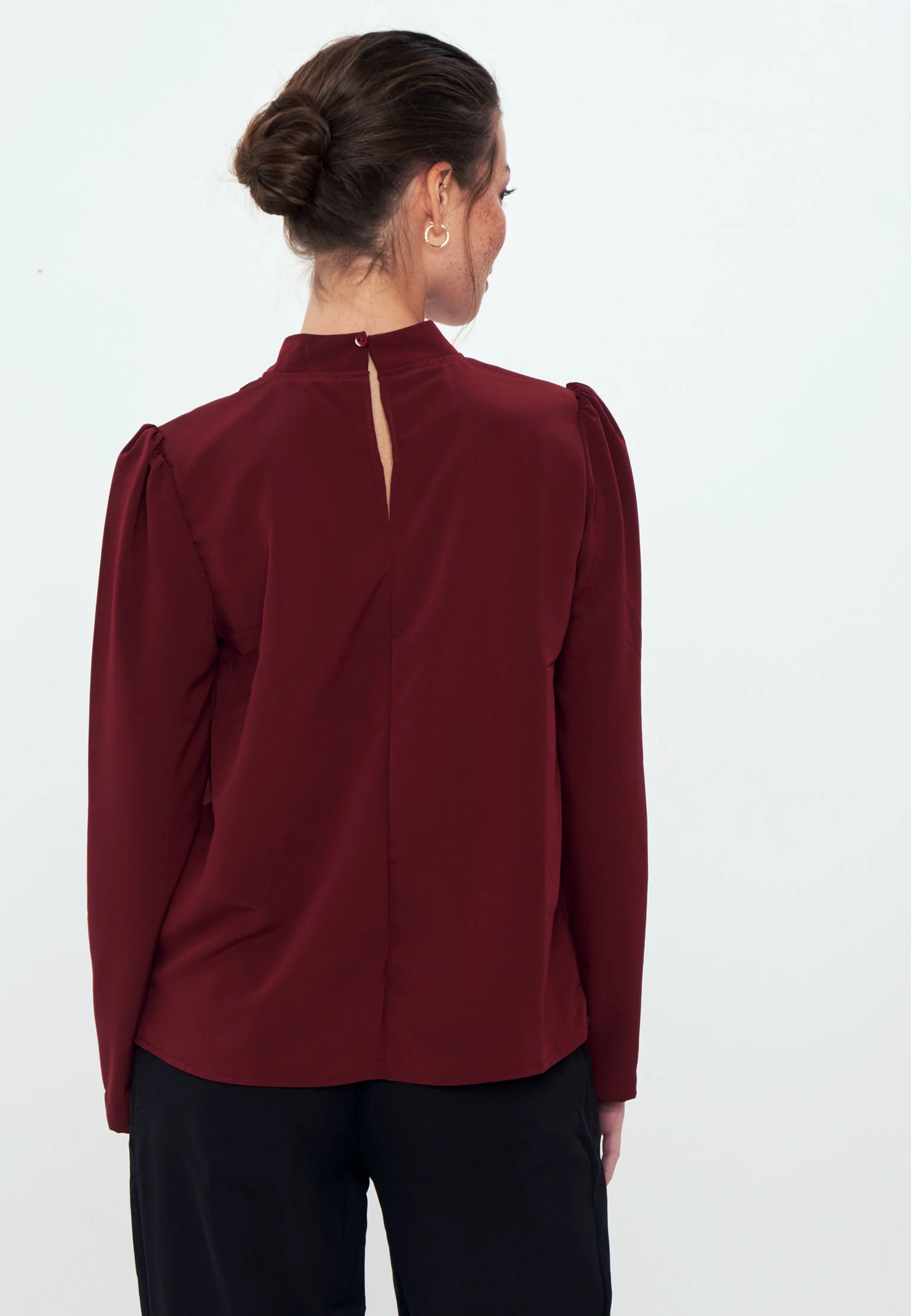 Standing Collar Long Sleeve Shirt Blouse - Burgundy - Image 3
