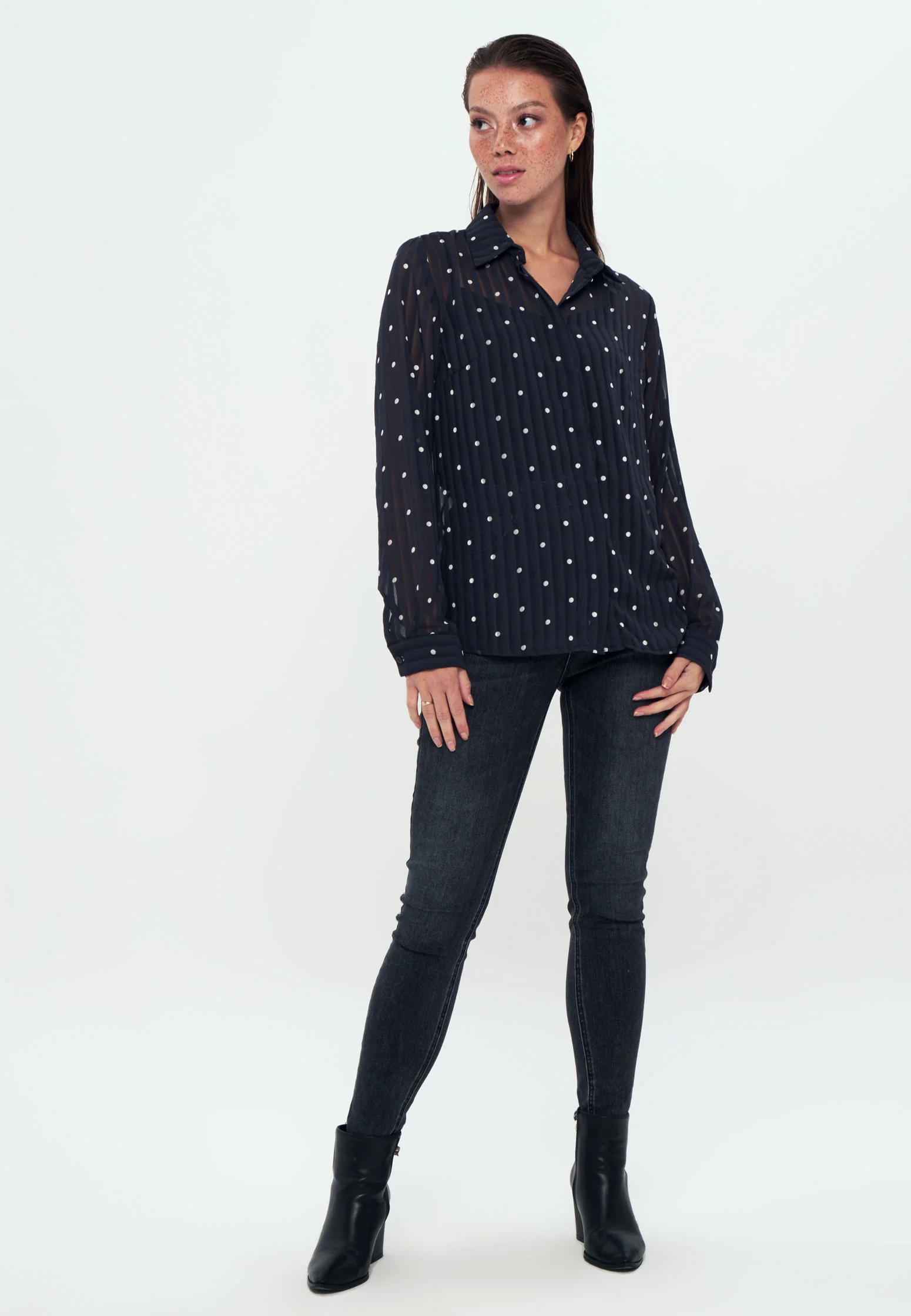 Tulle - Chiffon - Long Sleeve Shirt - Navy blue white polka dot - Image 3