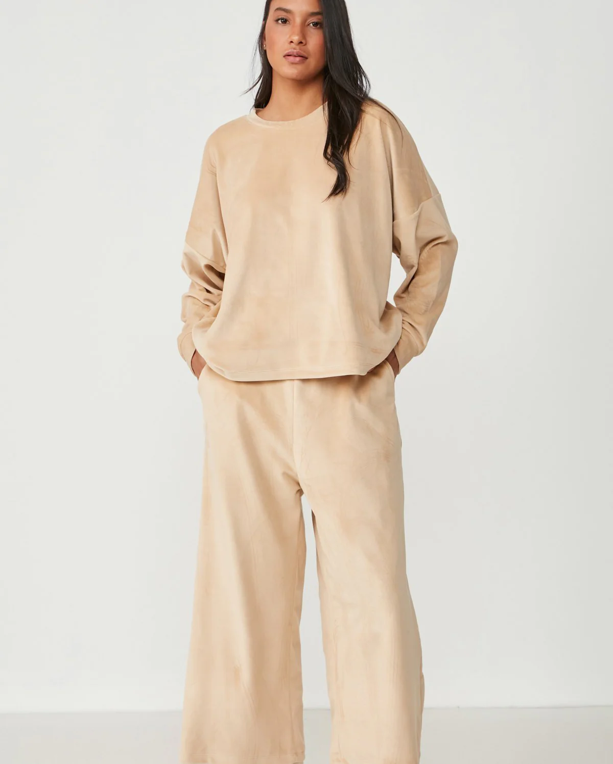 Long Sleeve Velvet Pyjama Set - Beige - Image 2