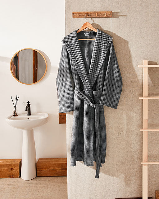 Hooded Washed Waffle Cotton Bathrobe - Grey