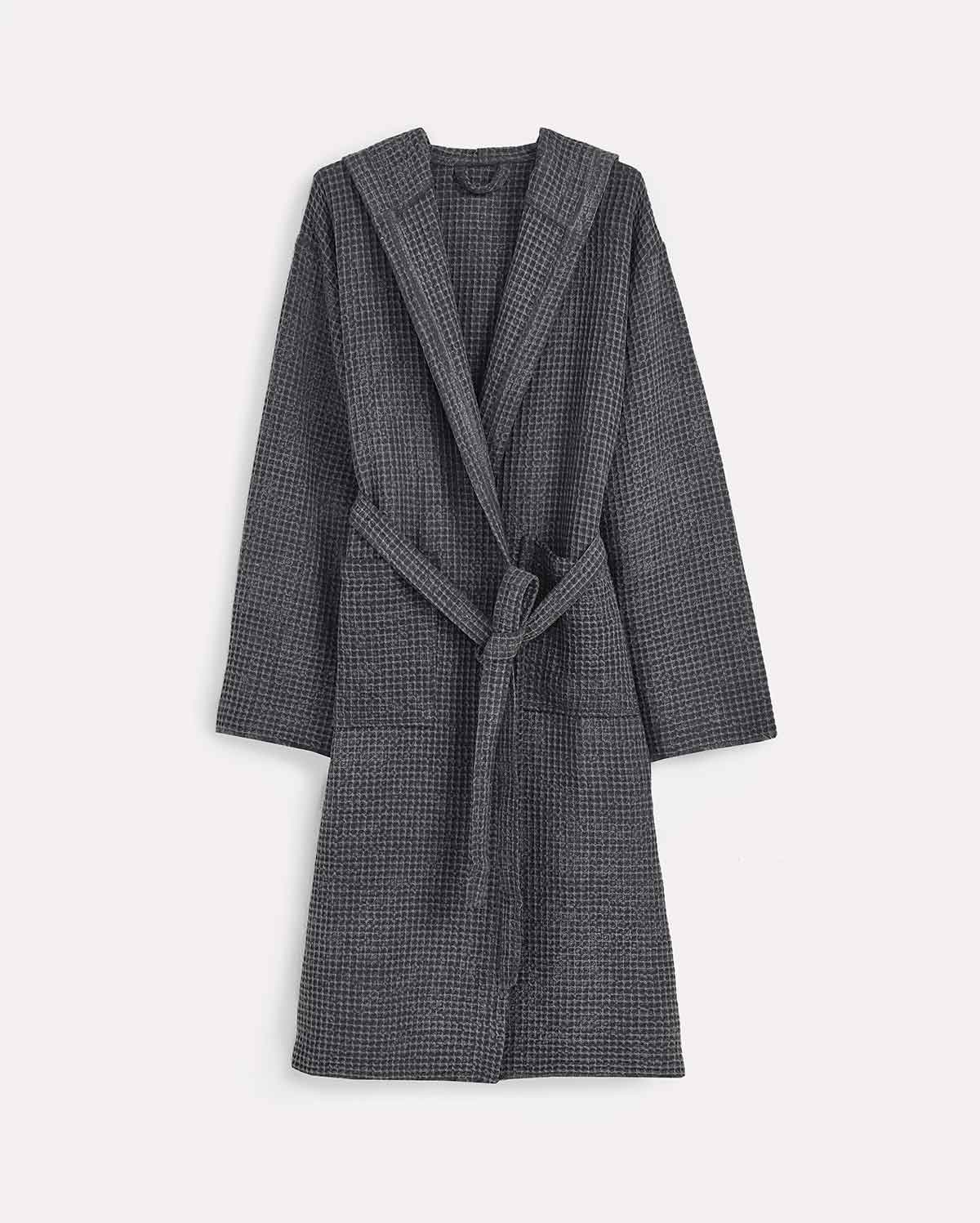 Hooded Washed Waffle Cotton Bathrobe - Grey - Image 2